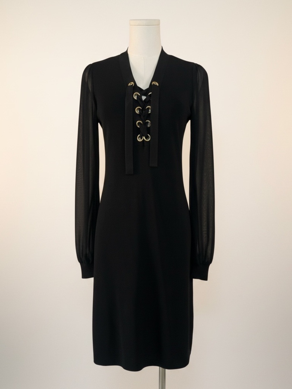 INC Black Sheath Dress Lace-Up Neck Gold Hardware Size S - Picture 2 of 9